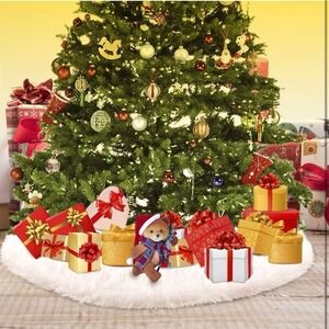 Konsait Plush Christmas Tree Skirt - Round Snow White Xmas Tree Mat Base Cover